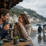 Cozy café by the rainy sea
