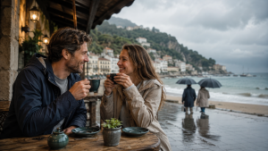 Cozy café by the rainy sea